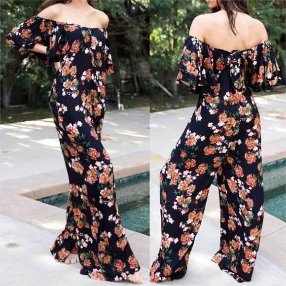Off shoulder Floral Print Jumpsuit black - Picture 1 of 5